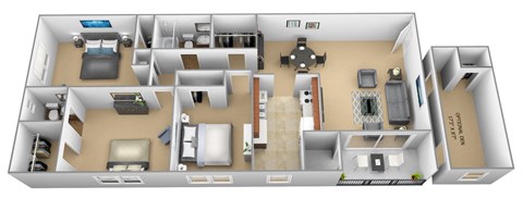 3 bedroom 1.5 bathroom with den 3D floor plan at The Village of Pine Run Apartments in Windsor Mill, MD